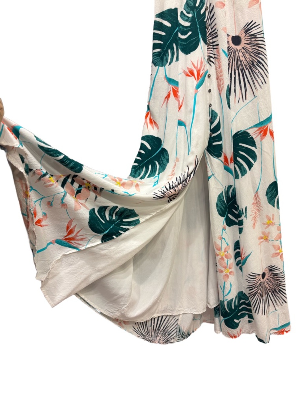HOMMAGE Los Angeles Tropical Print Flowy Maxi Dress Open Back, Slit Front, M/L - Picture 5 of 9